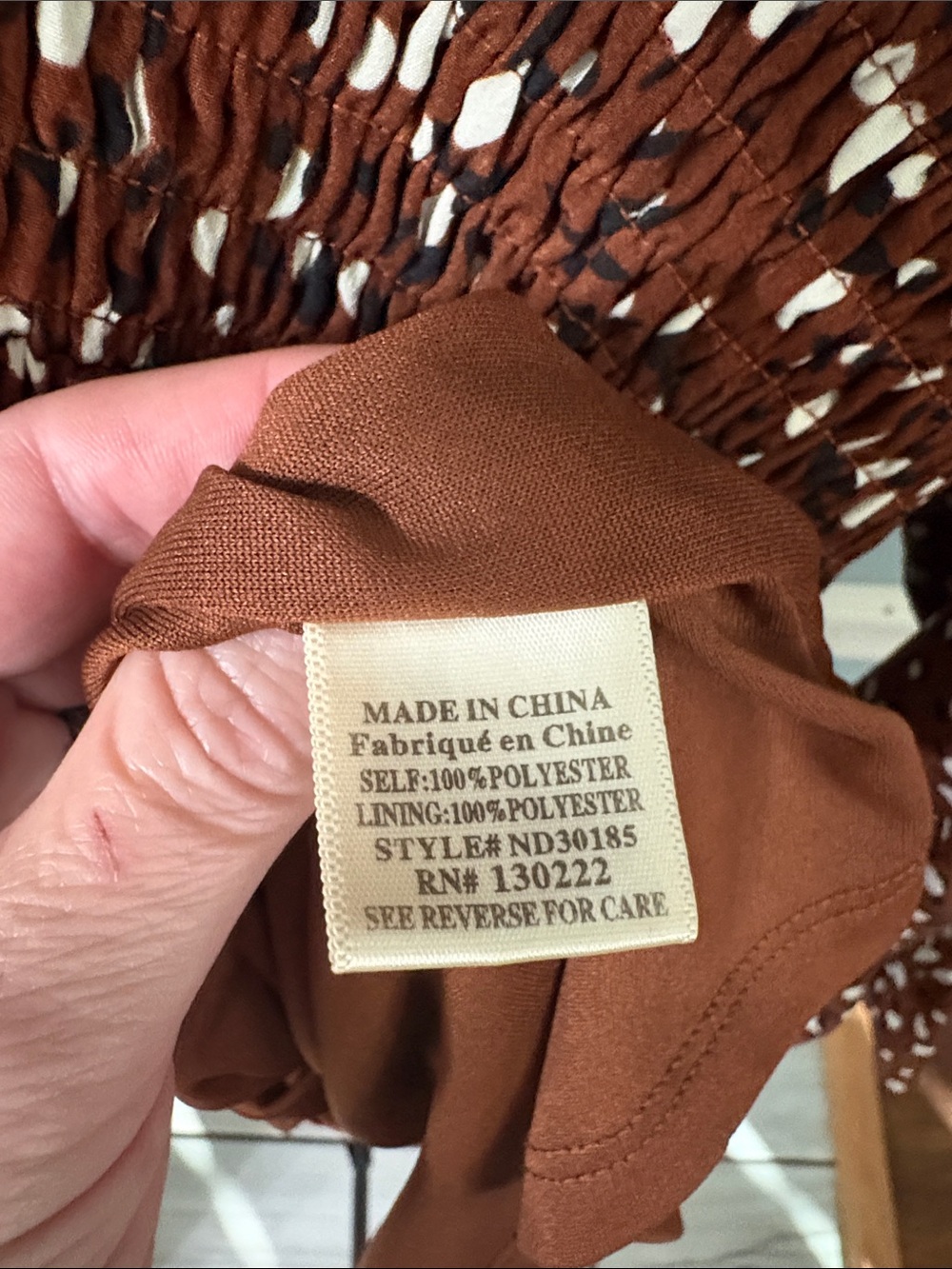 Smocked Long-Sleeve Midi Dress Brown with Black and White Spots - Picture 3 of 4